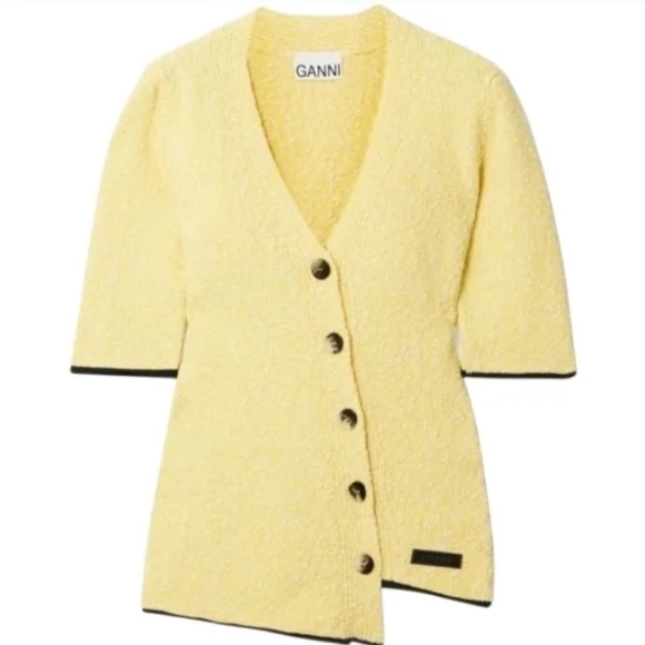Ganni Soft Yellow Asymmetric Boucle Button-Up Cardigan Sweater Women's Size Med - Picture 3 of 10